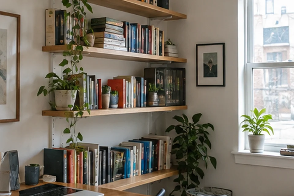 Everyday setting for renter-friendly shelves for cluttered rooms