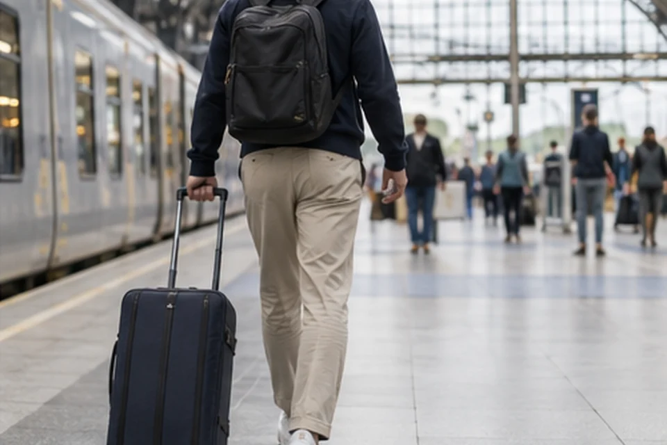 Everyday setting for travel pants for trains, flights, and city streets